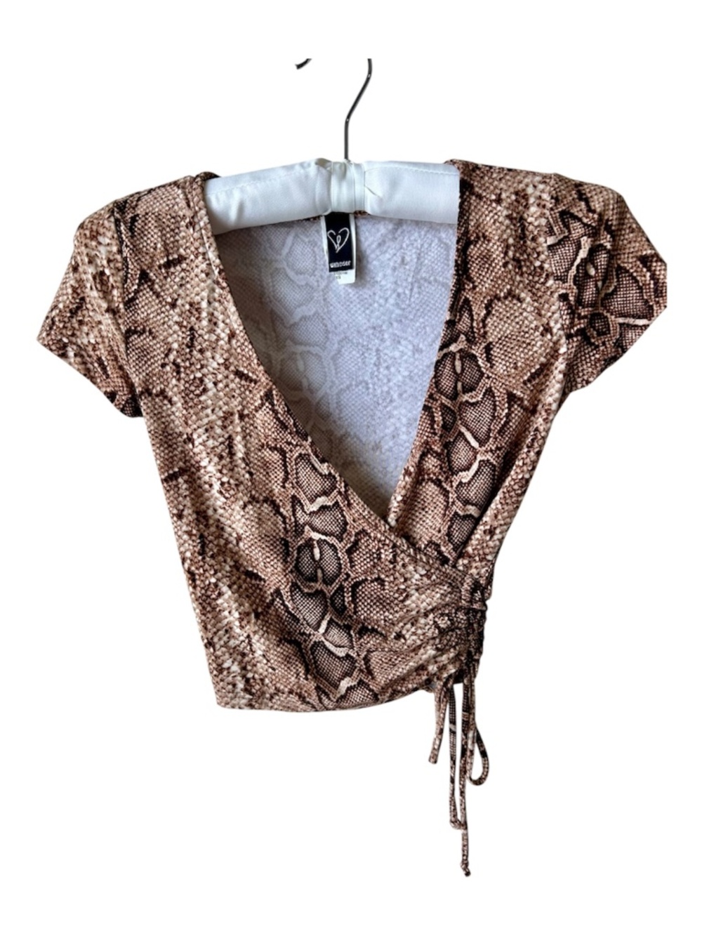 Crop Top Short Sleeve Vneck Crossover Cinch Side Tie Brown Snakeskin Windsor